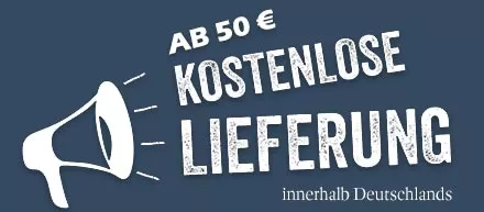 „Comic-Megafon mit Schriftzug 'Ab 50 € kostenlose Lieferung' und kleinerer Text 'innerhalb Deutschlands' darunter“