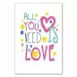 Preview: "All you need is love" - Handschrift, bunte Herzen & Punkte.