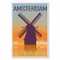 Preview: "Amsterdam" – ein Retro-Reiseposter mit einer Windmühle und der Skyline der Stadt im Stil der 50er Jahre.