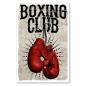 Preview: Zwei rote Boxhandschuhe im Used-Look hängen an einem Haken. Das Design trägt die Aufschrift "Boxing Club".