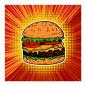 Preview: Saftiger Burger, Illustration im Comic-Stil, bunter Hintergrund.