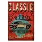 Preview: Ein Vintage-Schild mit der Aufschrift "Classic Garage", darauf abgebildet: Werkzeuge & Oldtimer.