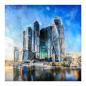 Preview: Skyline Moskaus mit Wolkenkratzern, Spiegelung im Fluss, digitaler Watercolor Stil.