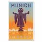 Preview: Die Statue des Friedensengels vor einem orangenen Sonnenuntergang – ein Retro-Reiseposter von München.