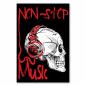 Preview: Ein stylischer Totenkopf trägt rote Kopfhörer und präsentiert den Schriftzug "Non-Stop Music". Das Design ist perfekt für Musikliebhaber.