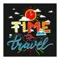 Preview: Schriftzug "Time to Travel" mit Sonne, Uhr, Wolken & Landkarte.