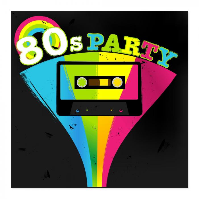 80er Jahre Party Design: Kassetten-Motiv, Regenbogen & Neonfarben.