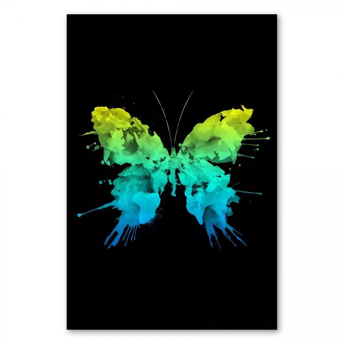 Schmetterling mit bunten Farbspritzern auf schwarzen Hintergrund, modernes und abstraktes Design.