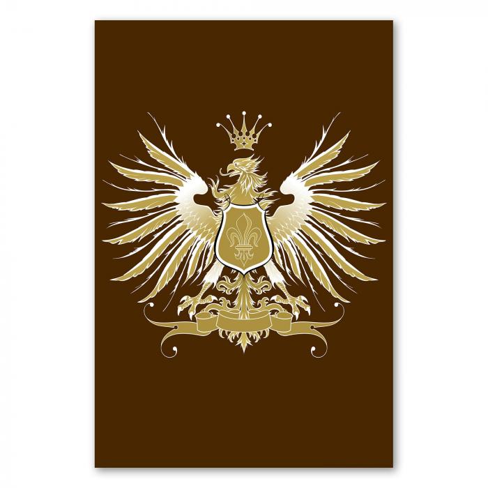 Goldenes Wappen mit Adler, Lilie und Krone auf braunem Hintergrund strahlt Tradition und Geschichte aus.