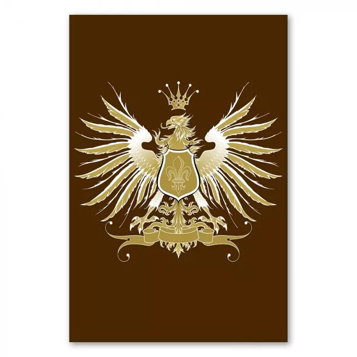 Goldenes Wappen mit Adler, Lilie und Krone auf braunem Hintergrund strahlt Tradition und Geschichte aus.