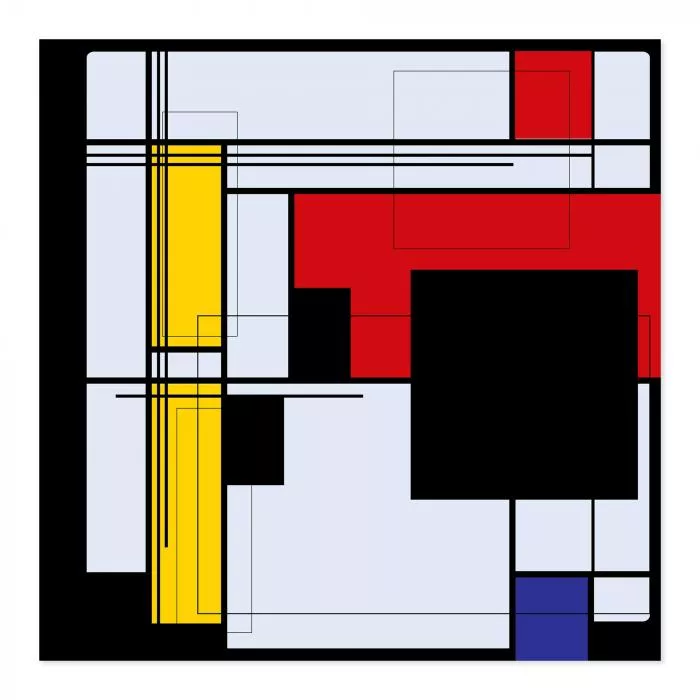 Abstraktes Kunstwerk: Geometrische Formen (Rot, Gelb, Blau, Schwarz).