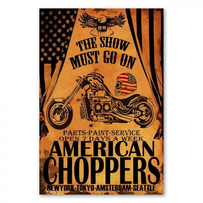 "American Choppers: Die Show geht weiter!" - ein Poster im Vintage-Stil für Motorrad-Fans.