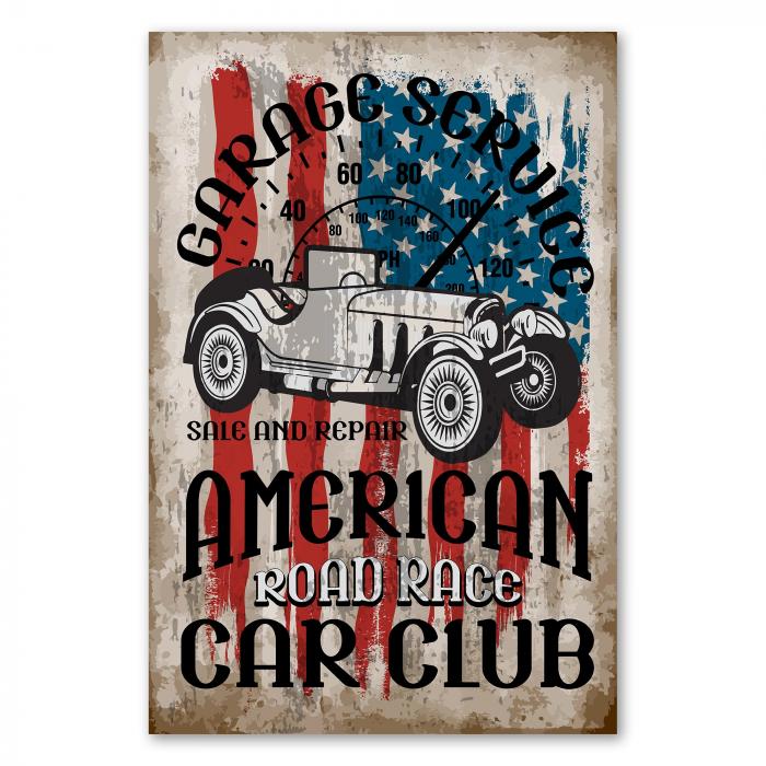 Ein amerikanisches Rennauto im Vintage-Stil vor einer US-Flagge. "American Road Race Car Club" steht dabei.