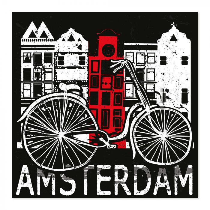 Fahrrad vor Amsterdamer Häuserfassaden & "Amsterdam" - Schwarz-Weiß-Design.