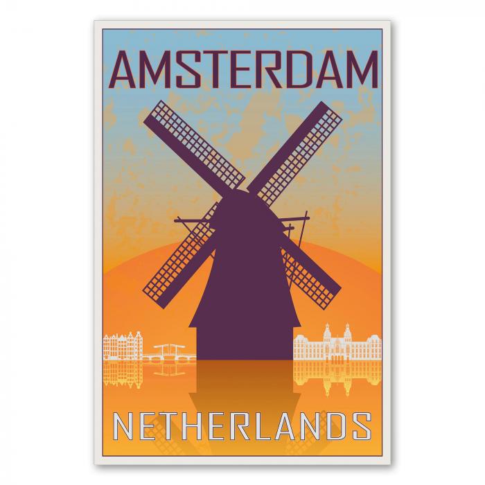 "Amsterdam" – ein Retro-Reiseposter mit einer Windmühle und der Skyline der Stadt im Stil der 50er Jahre.