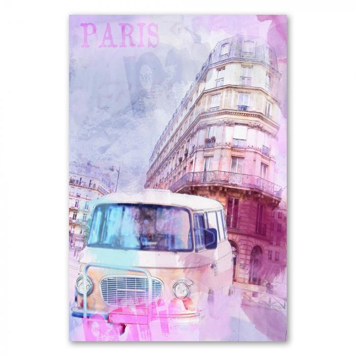 Ein Aquarellgemälde einer Straßenszene in Paris mit einem Vintage-Bus.