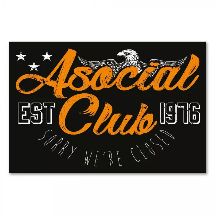 Vintage-Logo mit Adler & Schriftzug "Asocial Club - Est. 1976 - Sorry We're Closed".