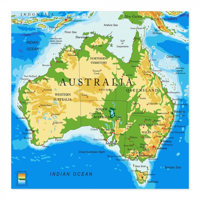 Detaillierte Karte Australiens: Bundesstaaten, Städte, geografische Details.