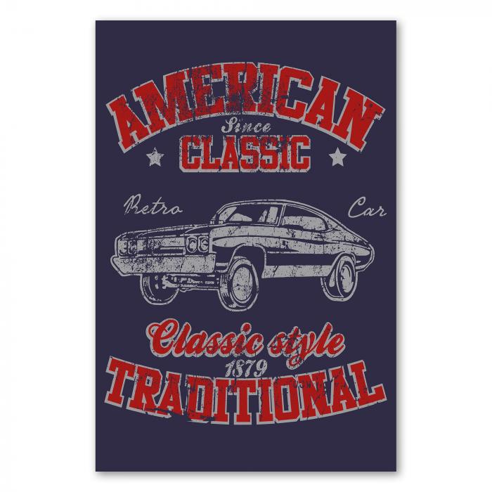 Amerikanisches Auto im Retro-Stil. Schriftzug "American Classic" unterstreicht den zeitlosen Charme.