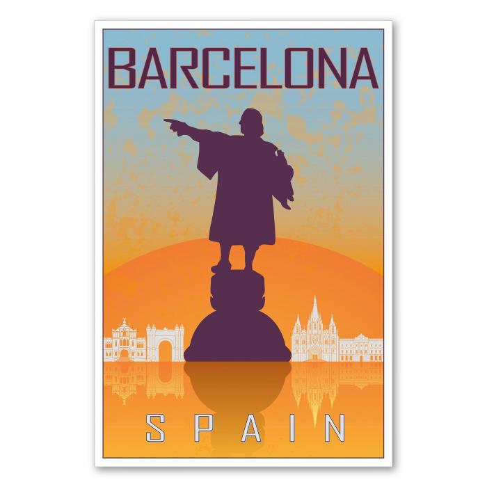 "Barcelona" - ein Retro-Reiseposter mit der Kolumbus Statue und der Skyline der Stadt im Stil der 50er Jahre.