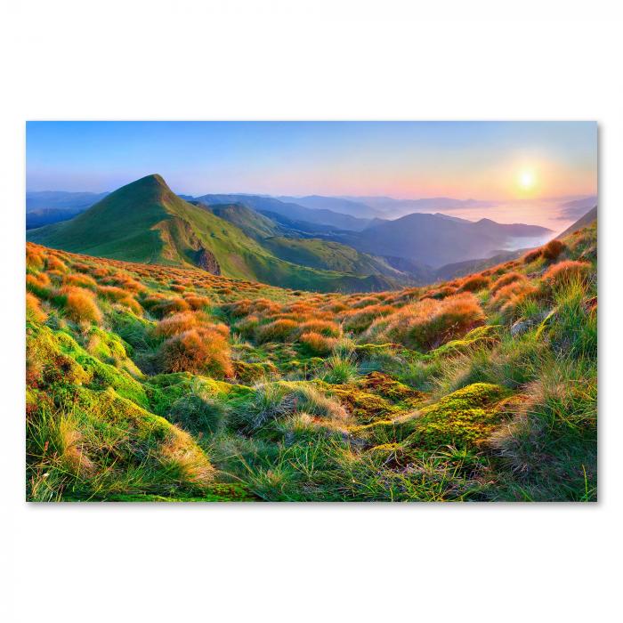 Die Sonne taucht die grüne Berglandschaft in goldenes Licht – ein atemberaubendes Panorama, das Fernweh weckt.