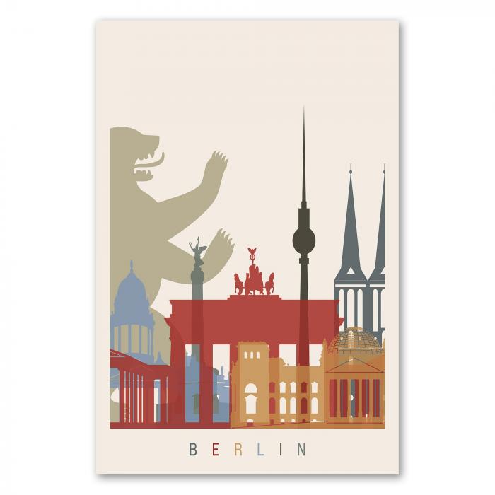 Die Skyline von Berlin mit ihren berühmtesten Wahrzeichen - ein stylishes Poster für alle Berlin-Fans.