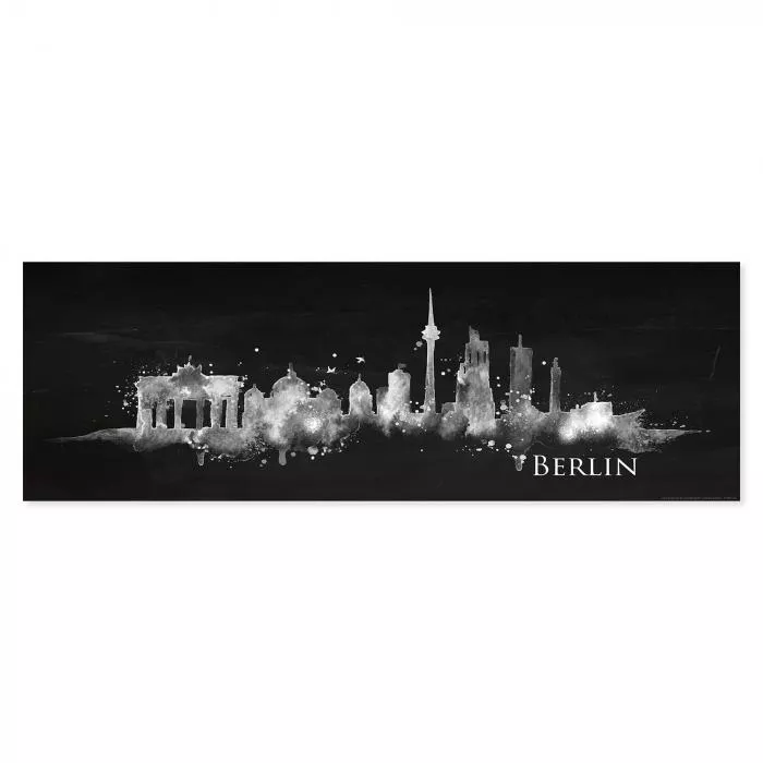 Moderne Wanddeko: Berliner Skyline als weiße Zeichnung auf schwarzem Hintergrund.Ideal für Berlin-Liebhaber.