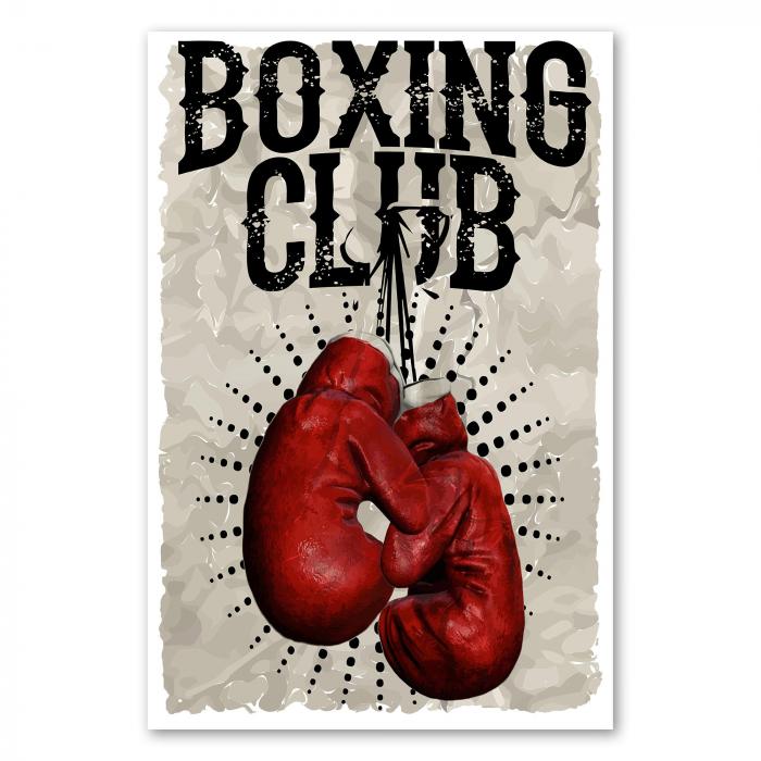 Zwei rote Boxhandschuhe im Used-Look hängen an einem Haken. Das Design trägt die Aufschrift "Boxing Club".