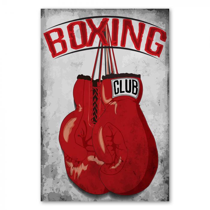 Zwei rote Boxhandschuhe hängen an einem Nagel. Grauer Hintergrund im Vintage-Stil, "Boxing Club"-Schriftzug.