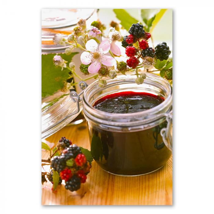 Glas Brombeermarmelade, frische Brombeeren & Blüten, leuchtend rot.