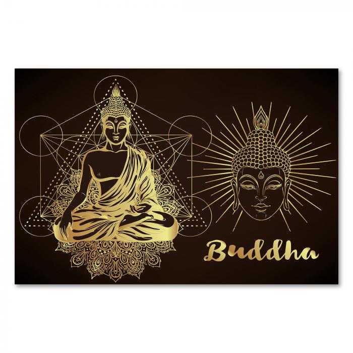 Goldene Illustration: Meditierender Buddha mit Mandala & geometrischen Formen.