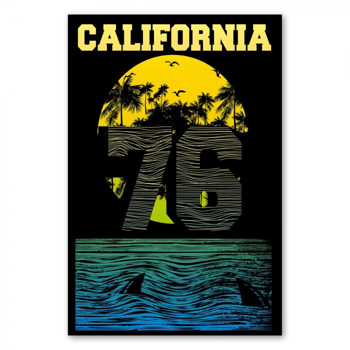 "California Dreaming" – ein Vintage-Surf-Print mit Palmen, Sonnenuntergang und Meer, perfekt für Surfer.