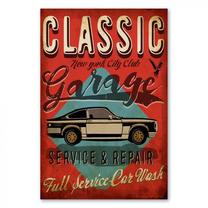 Ein Vintage-Schild mit der Aufschrift "Classic Garage", darauf abgebildet: Werkzeuge & Oldtimer.