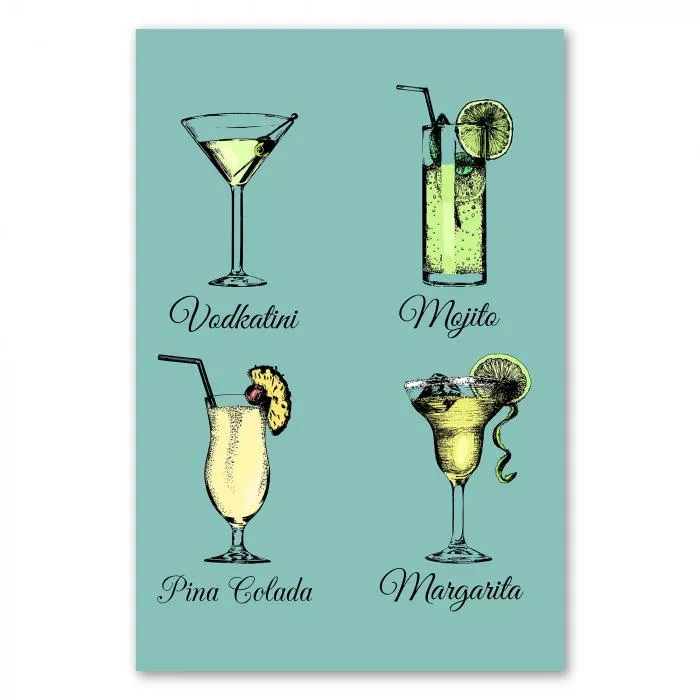 Vier Cocktail-Klassiker: Wodkatini, Mojito, Pina Colada & Margarita - detailliert illustriert.