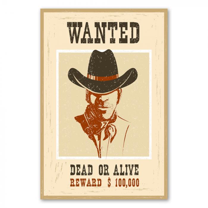 "Wanted: Cowboy" - Tot oder lebendig. Dieses Plakat im Westernstil versprüht Abenteuerlust.