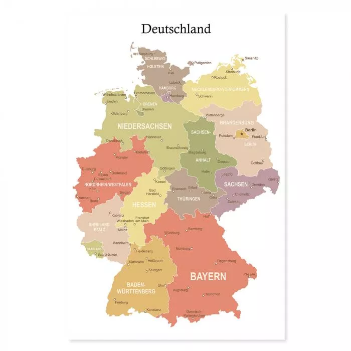 Deutschlandkarte mit Bundesländern, wichtigen Städten und Landesgrenzen in verschiedenen Farben.