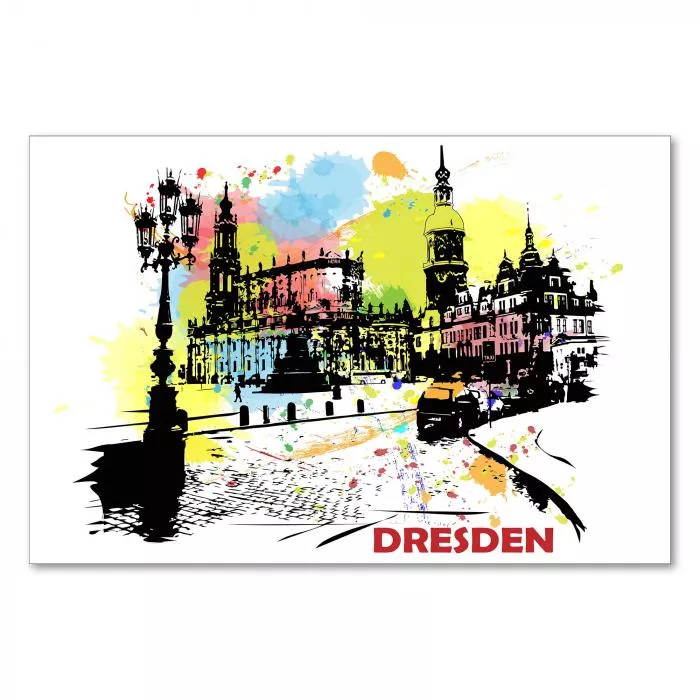 Altstadt von Dresden mit Semperoper und Frauenkirche in Schwarz-Weiß-Zeichnung mit bunten Farbklecksen.