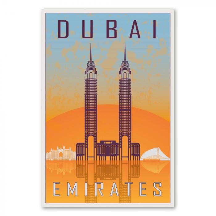 Die Skyline von Dubai mit den Emirates Towers - ein Retro-Reiseposter im Stil der 50er Jahre.