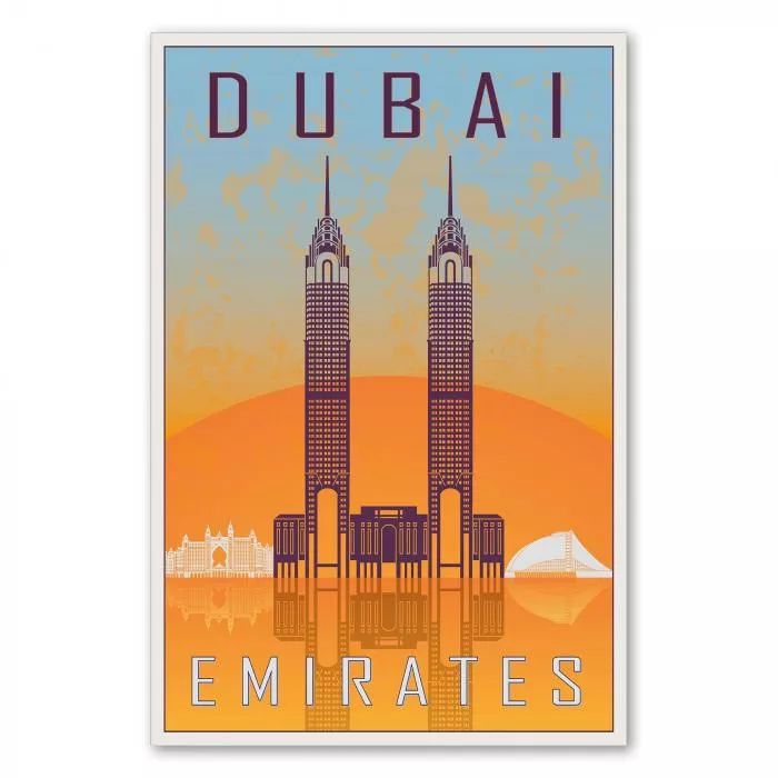 Die Skyline von Dubai mit den Emirates Towers - ein Retro-Reiseposter im Stil der 50er Jahre.