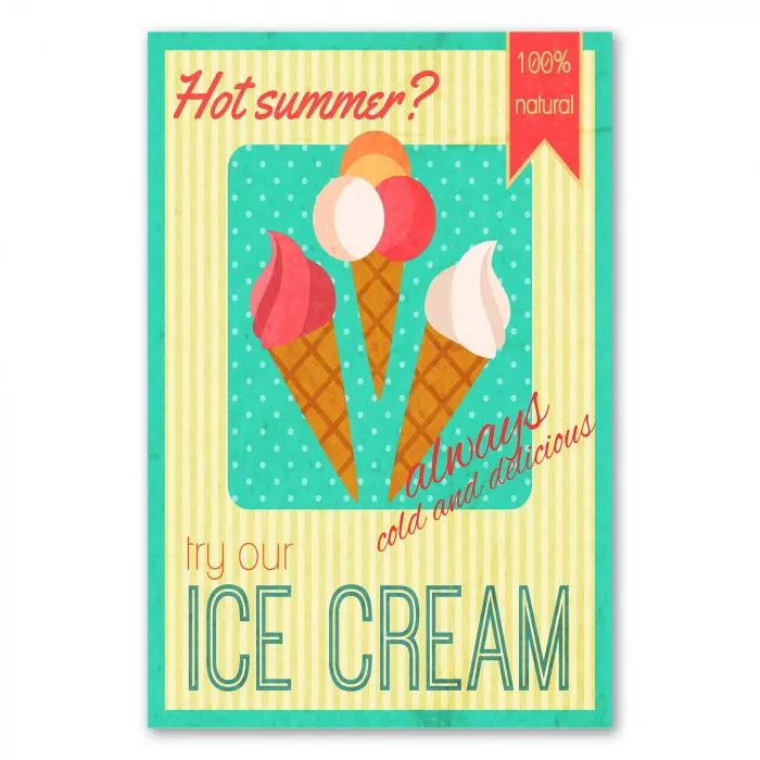 Erfrischung pur: Das Retro-Poster mit dem leckeren Eis ist ein Muss für alle Eisdielen und Cafés.