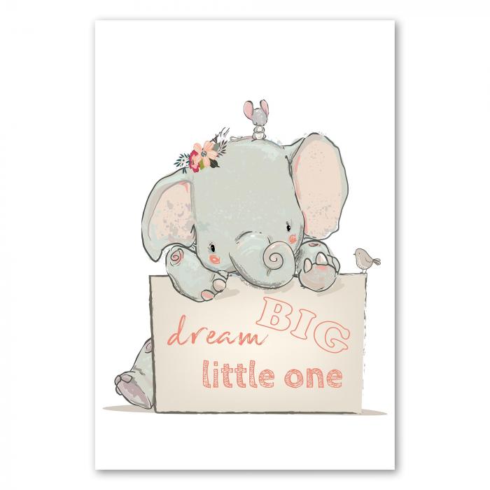 Elefant, Maus, Vogel, Schild "Dream Big little one" - inspirierend.