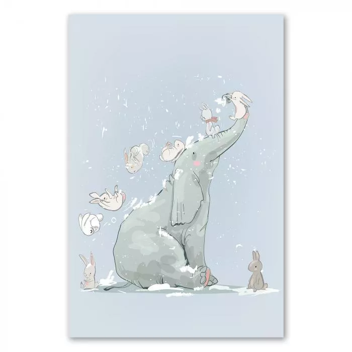 Elefant tollt mit Hasen im Schnee - verspielte Winterillustration.