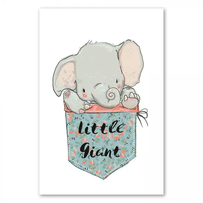 Kleiner Elefant blickt aus Tasche mit Blumen, Schriftzug 