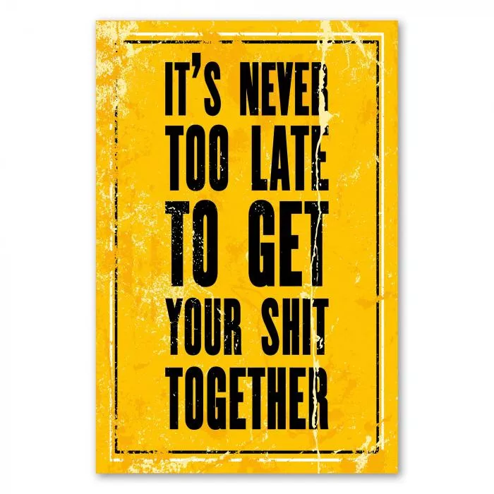 "It's never too late to get your shit together" - ein motivierendes Vintage-Poster für alle, die neu anfangen wollen.