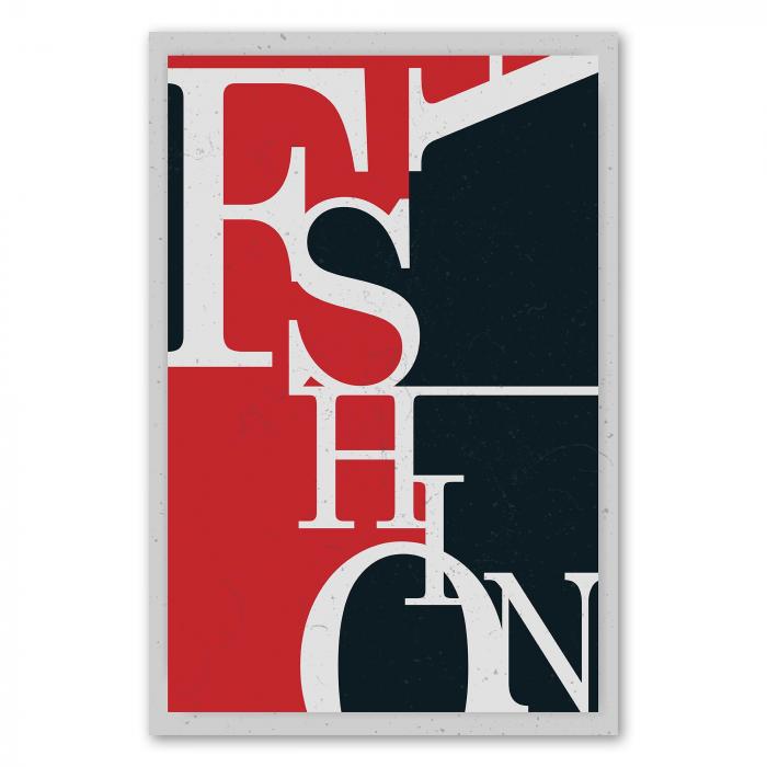 „FASHION“ in großen, serifenlosen Buchstaben, gestaltet in Rot, Schwarz und Weiß, erinnert an Vintage-Druck.