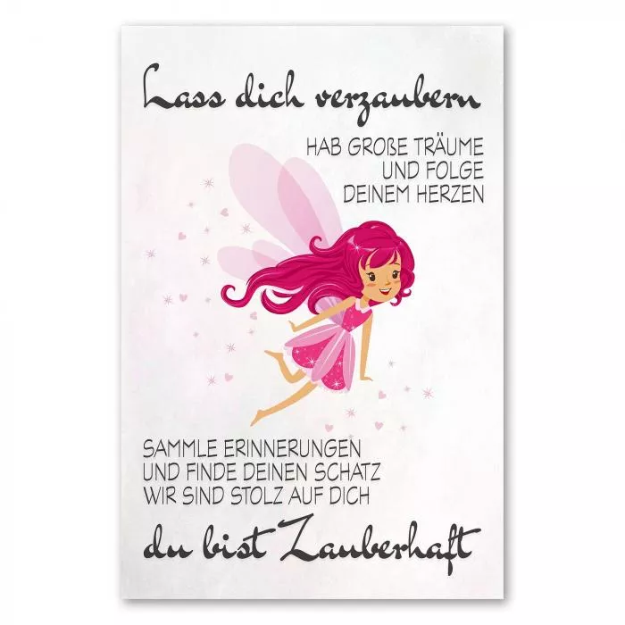 Pinkhaarige Fee mit Spruch über Träume und Magie. Poster und Leinwand inspirieren Wunder und zauberhafte Momente.