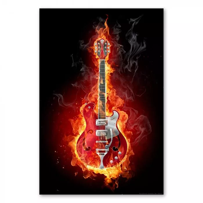 Eine rote E-Gitarre, umhüllt von lodernden Flammen und Rauch, verspricht energiegeladene Rockmusik.