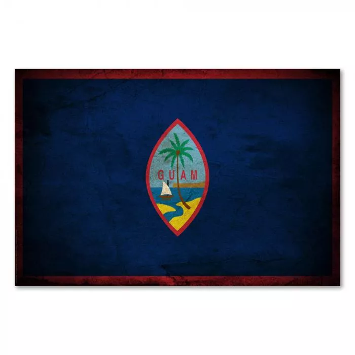 Guam Flagge - Inselparadies: Das Wappen zeigt die Landschaft Guams mit einem Strand und einem Proa.