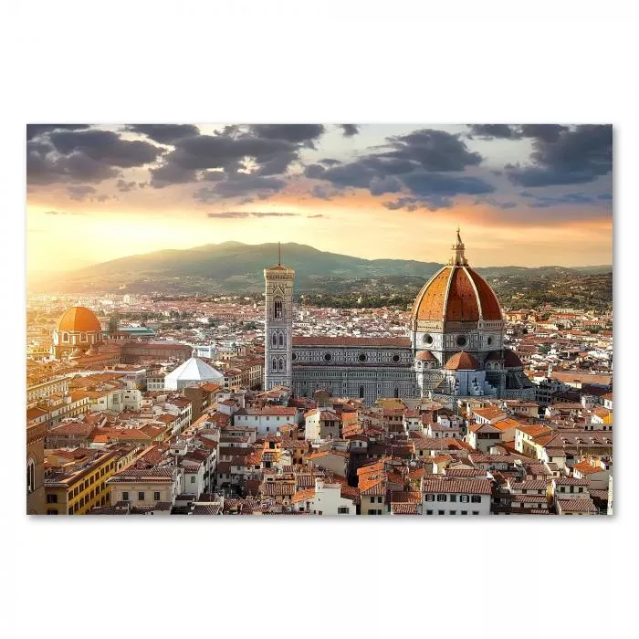 Panorama von Florenz bei Sonnenuntergang, Dom & rote Dächer erstrahlen.