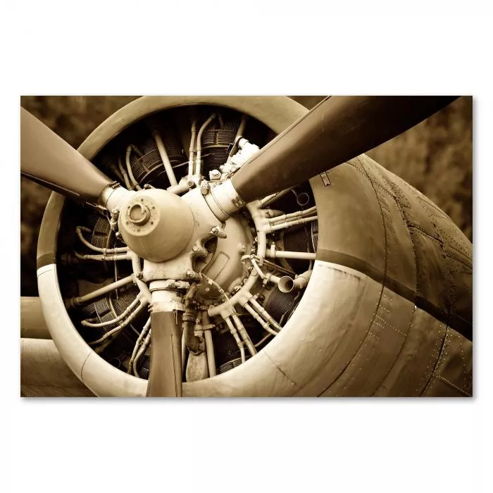 Sepia-Fotografie eines alten Flugzeugmotors, viele Details und Farbgebung erwecken den Charm vergangener Zeiten.